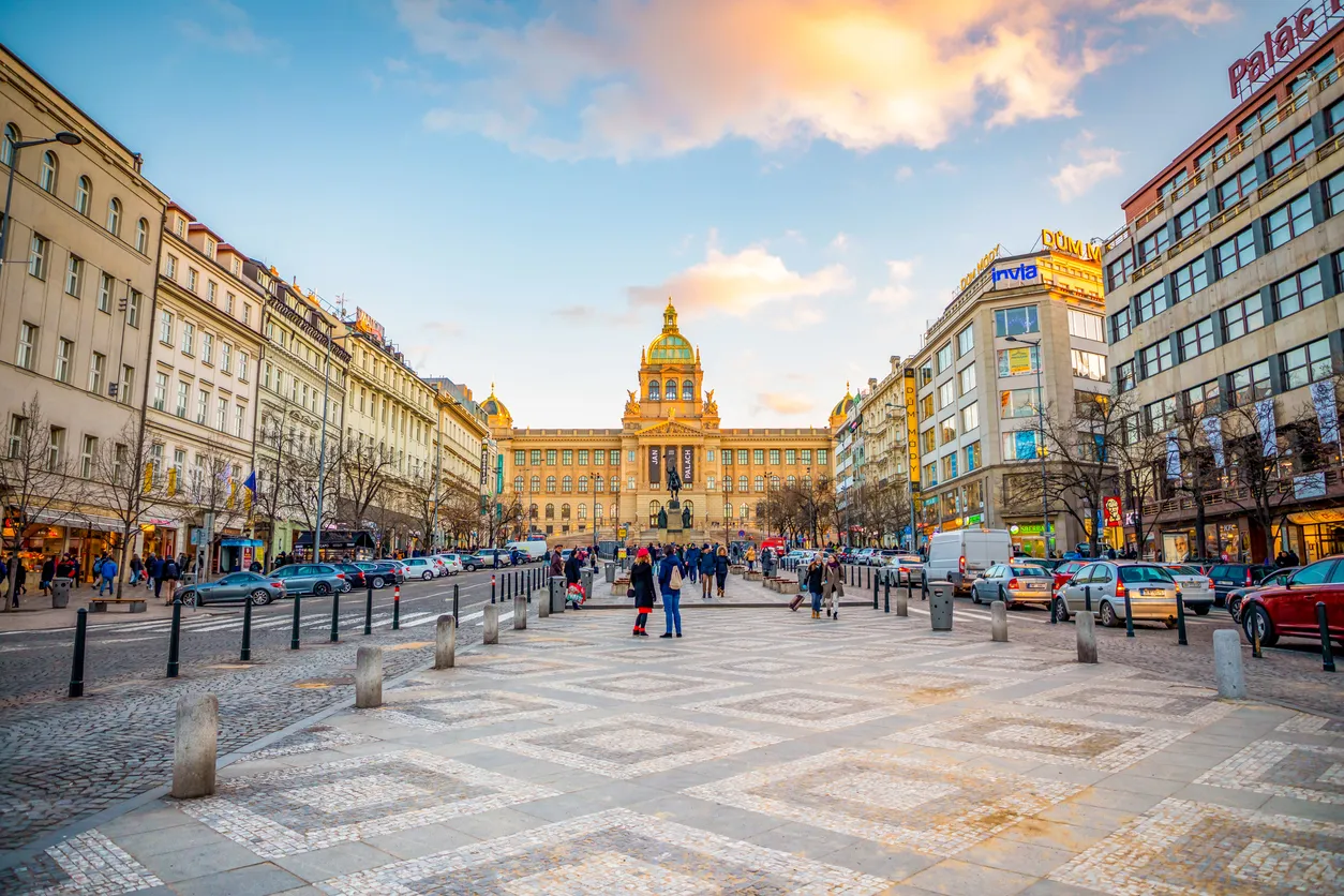 Prague, Czech Republic - January 12, 2019: People on Wenceslas Square at sunset lights in Prague in Czech Republic.