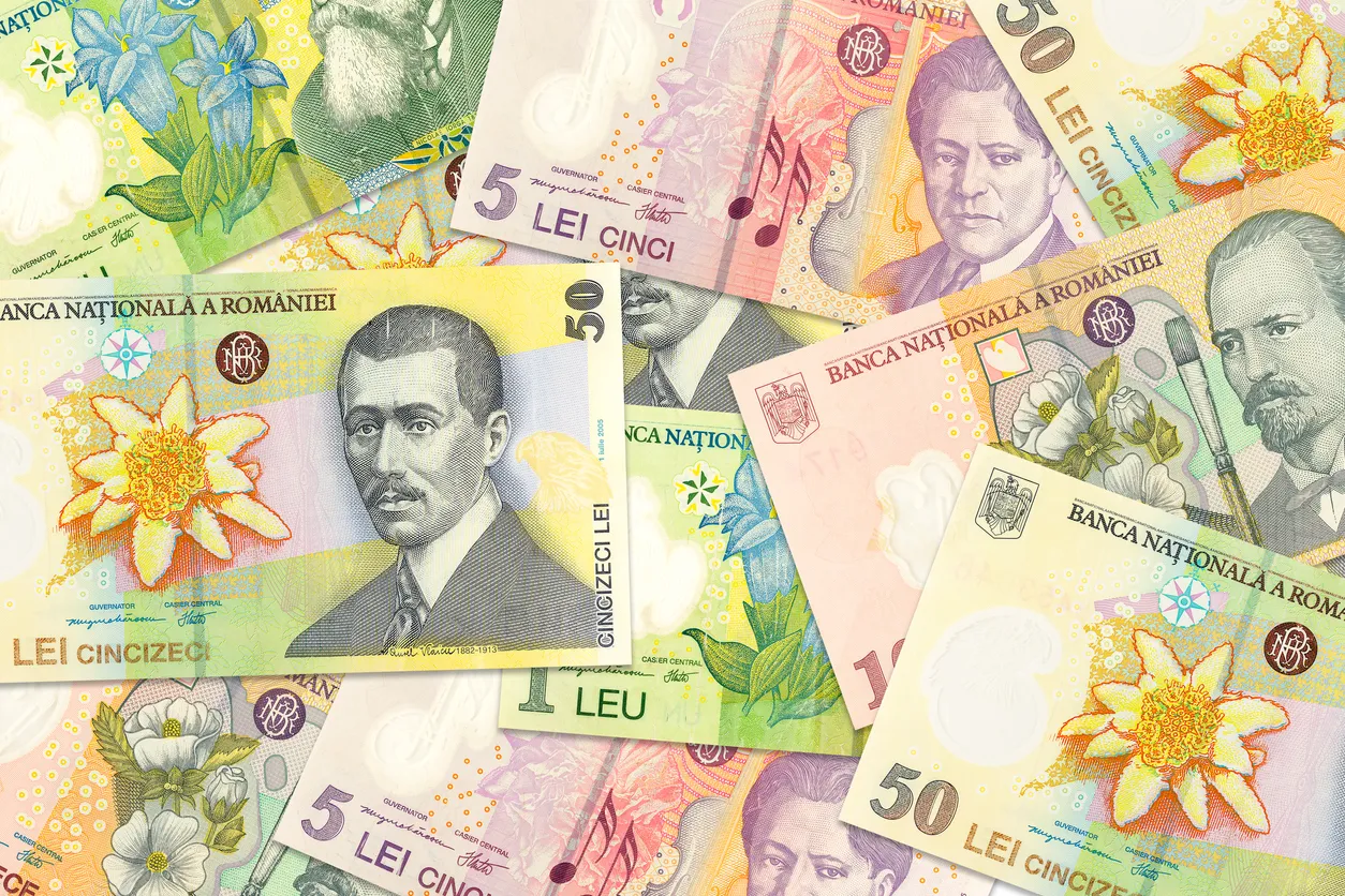 some romanian leu banknotes mixed indicating growing economics with copyspace