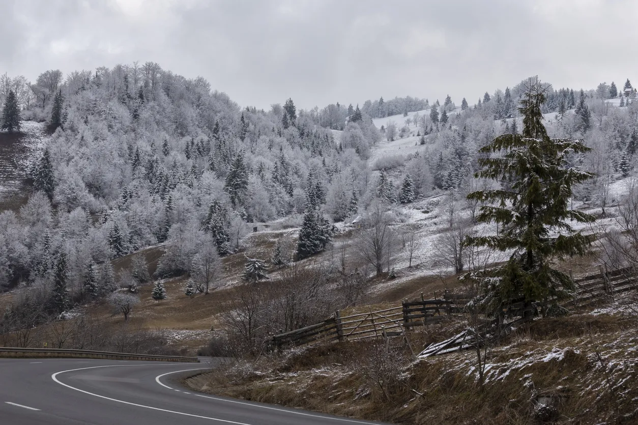 Abstract background, nature landscape in Tihuta Pass, on a very cold winter morning day, with trees and road covered with fresh snow