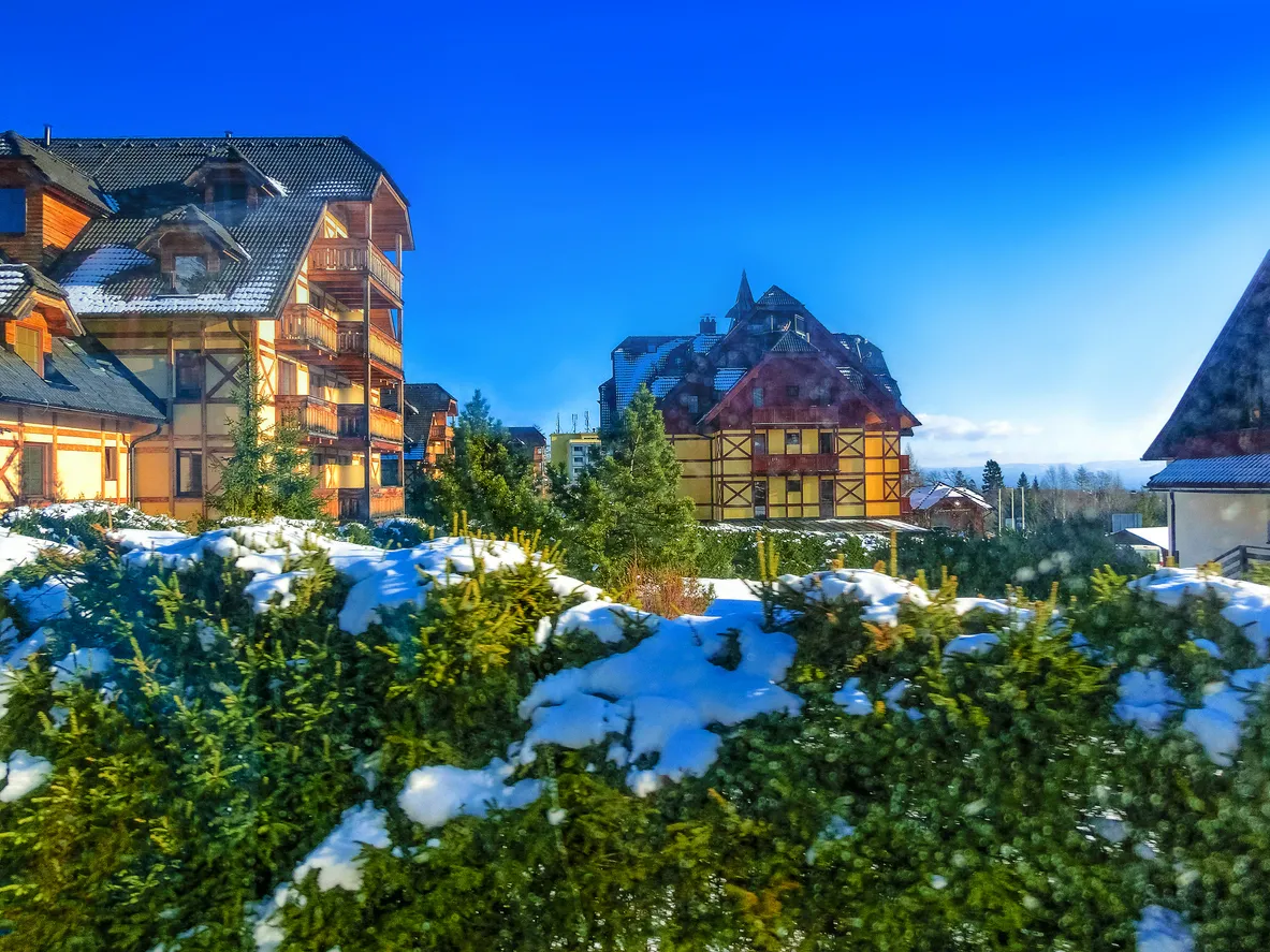 Wooden chalet in winter in Zakopane at Tatra Mountains