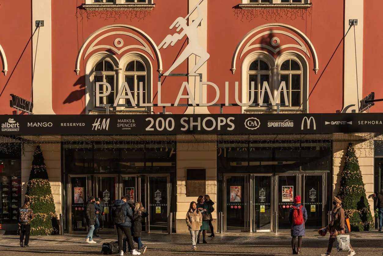 Prague, czech Republic, 12-30-2020. Palladium, one strongest shopping malls in the Prague, exhibiting their brand and products in a prestigious building at the historical city center.