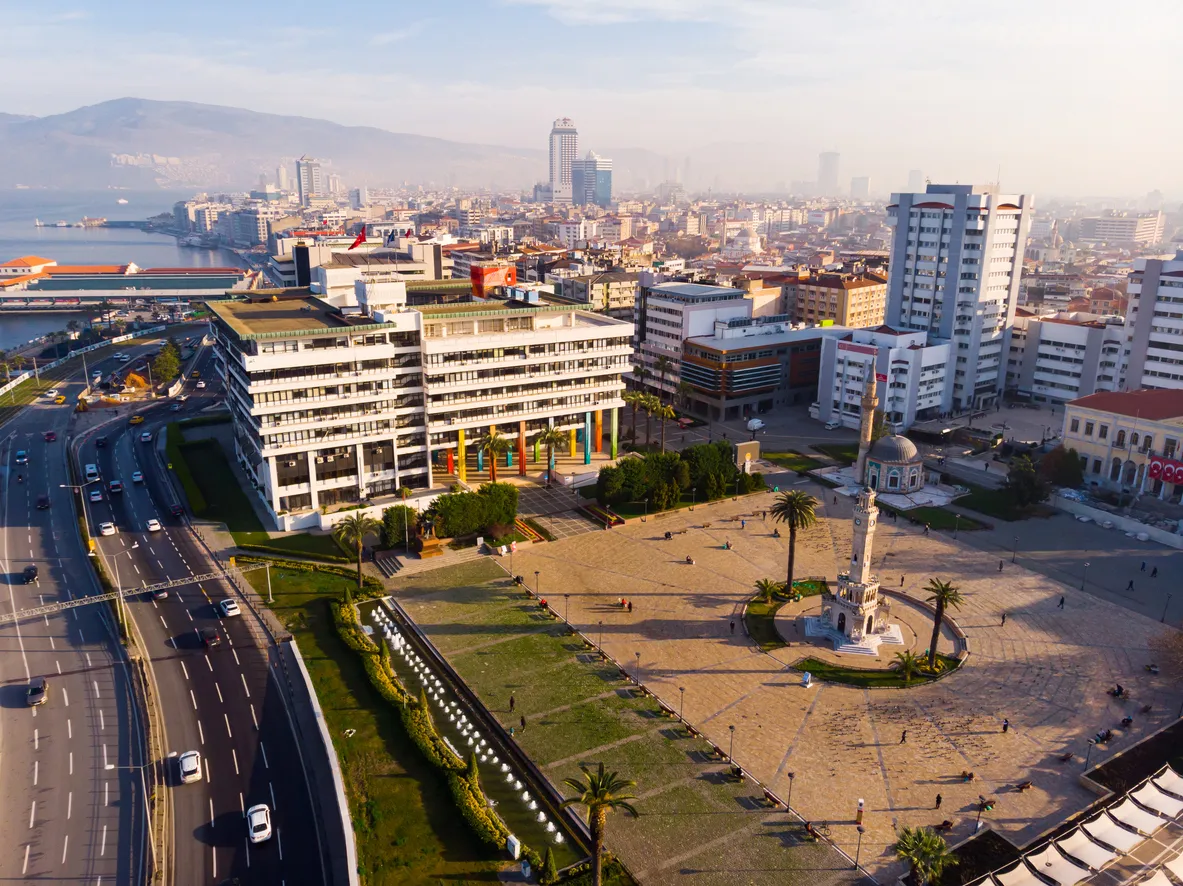 General aerial view of Konak Square with Izmir Clock Tower and Yali Mosque on sunny winter day, Izmir, Turkey