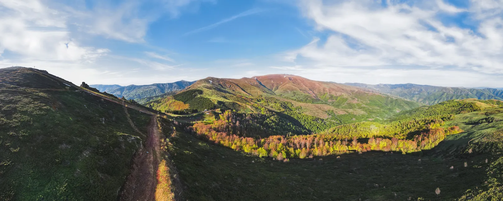 Panoramic view of Midzor  mountain peak during sunset. Nature outdoors travel destination, Balkan mountain, Serbia. Aerial, drone view
