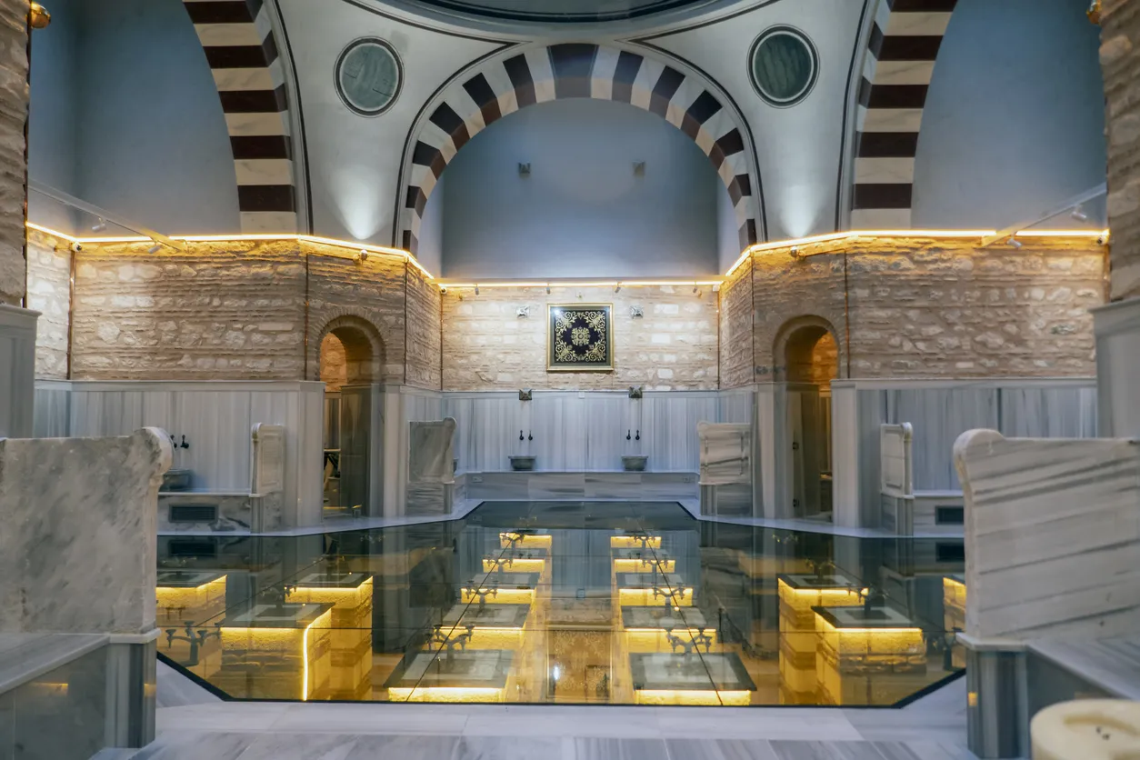 TURKEY, ISTANBUL - June 4, 2021: Selimiye Hammam .Traditional Historical Ottoman Bath in Uskudar, Istanbul. It was commissioned by Ottoman Sultan Selim III  in 1802 . It is used as Nevmekan Libraries and cafe after restoration.