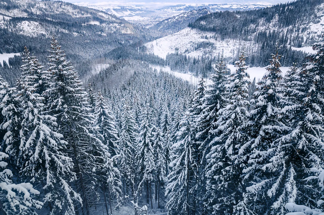 Shooting a beautiful mountain landscape from the cable car, Poland