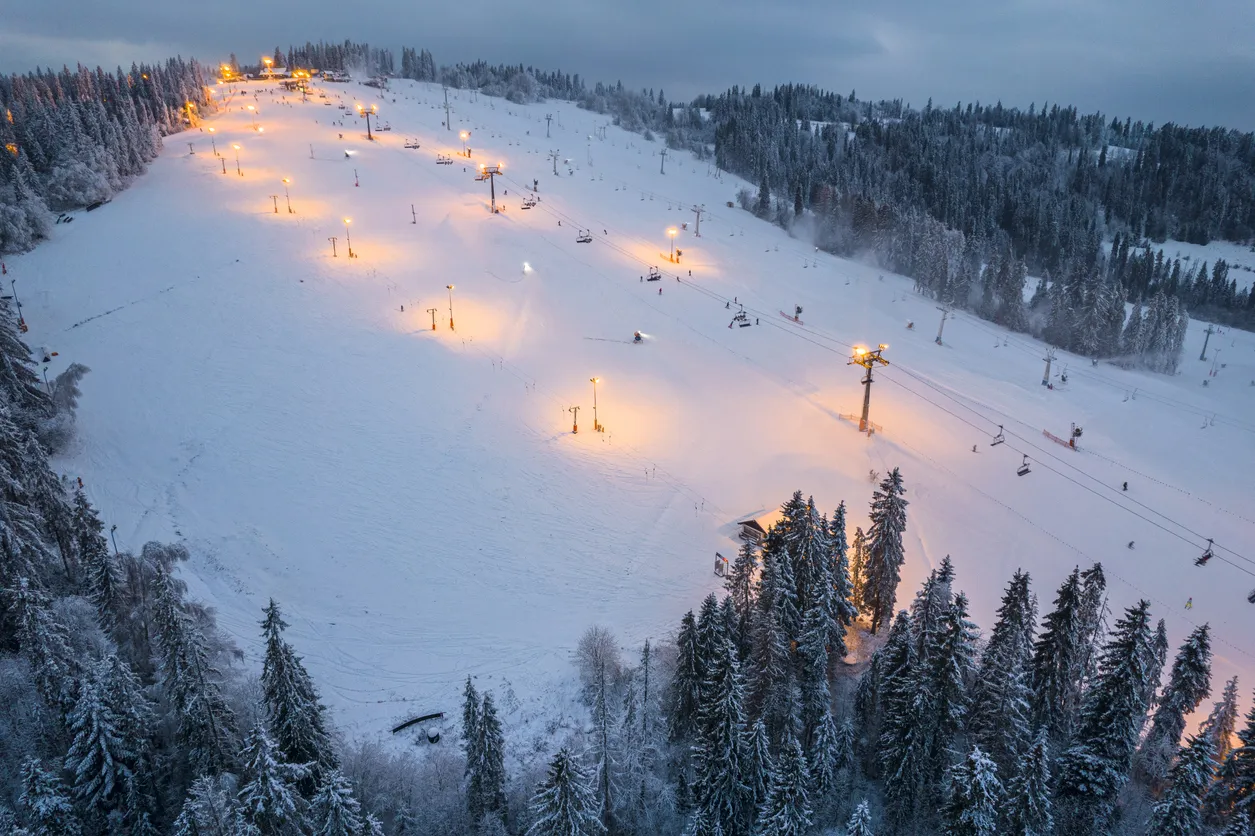 Drone View on Ski Slope Kotelnica near Zakopane in Poland Tatras Mountains.