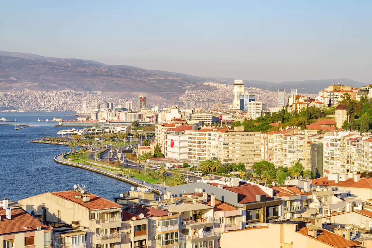 Awesome aerial view of scenic coastline of Izmir, Turkey. The Gulf of Izmir on the Aegean Sea is visible at the left. Amazing cityscape. The city is a popular tourist destination in Turkey.