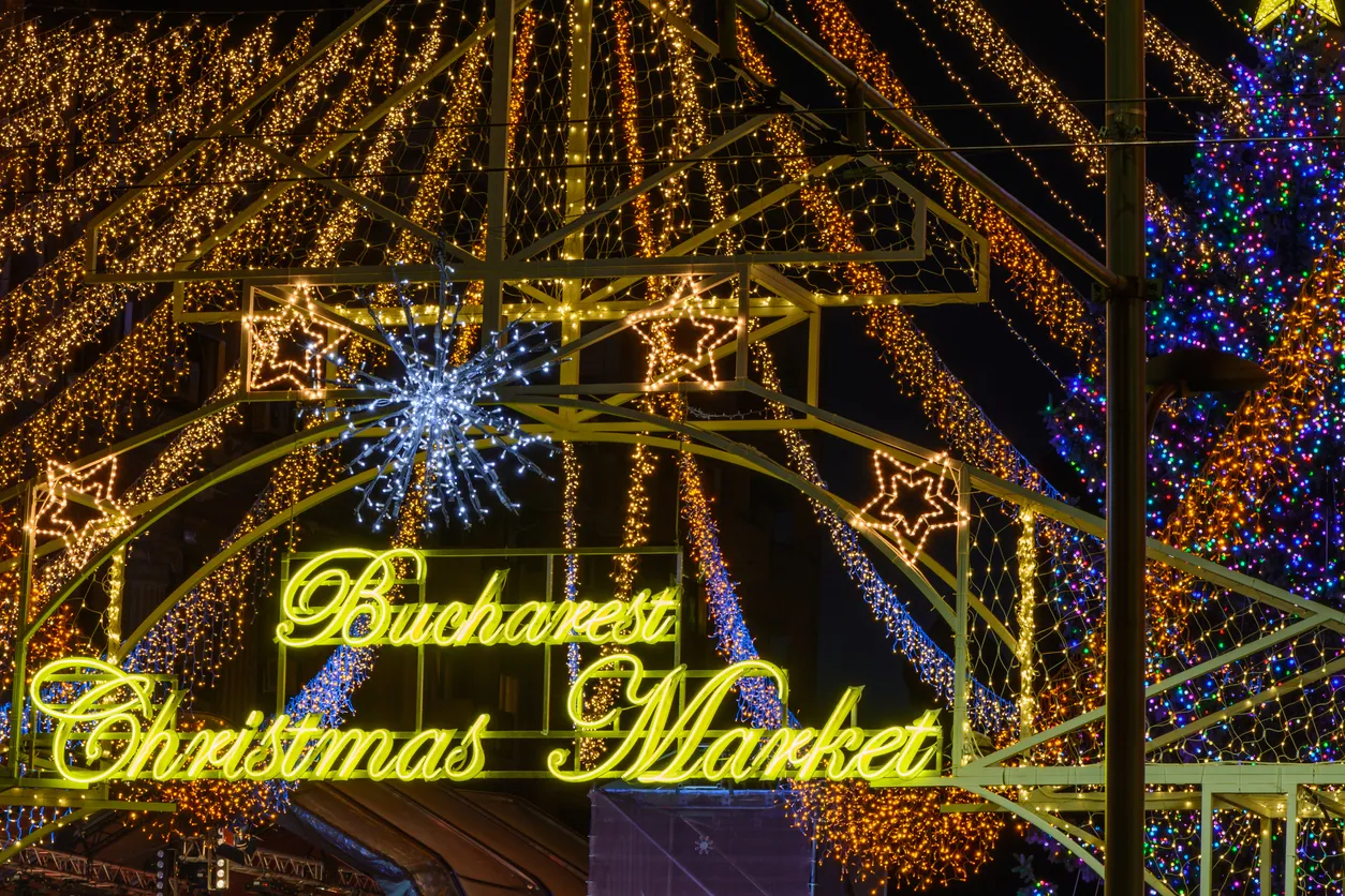 Decorative Christmas lights in Bucharest. Numerous Christmas lights on Bucharest Christmas market in evening.