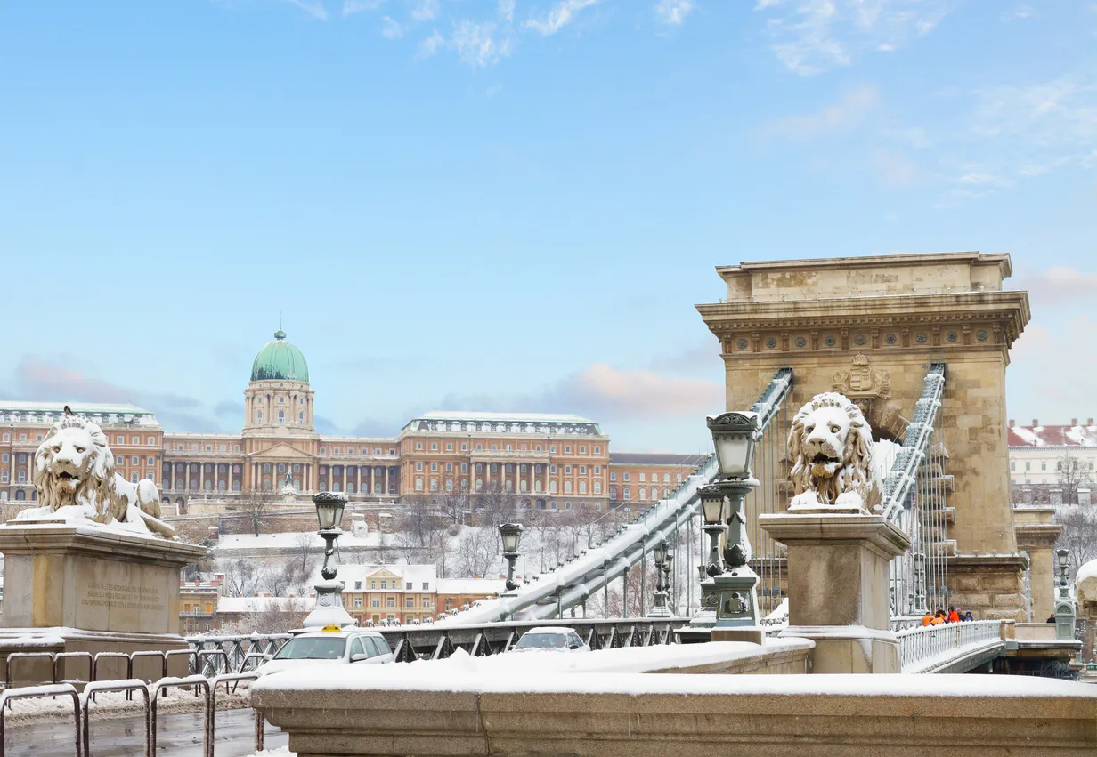 Chain Bridge and  Royal Palace  in Budapest at winter day Hungary