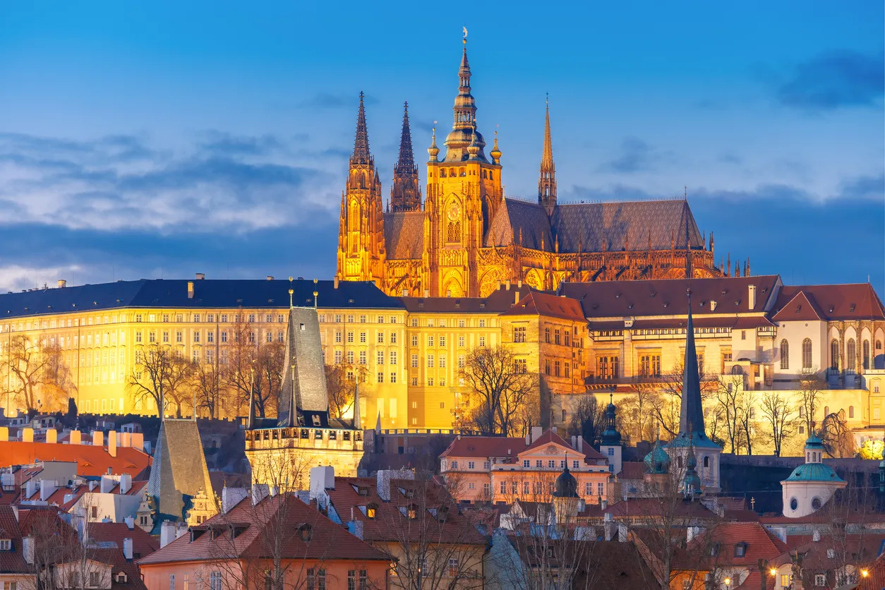 Prague Castle and Mala Strana or Little Quarter during twilight blue hour, Prague, Czech Republic.
