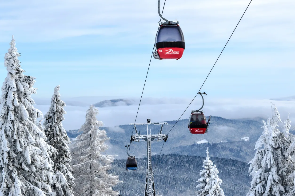 Krynica Poland - February 01. 2015: The gondola lift to the Jaworzyna Krynicka Mountain in Krynica-Zdroj ski resort.
