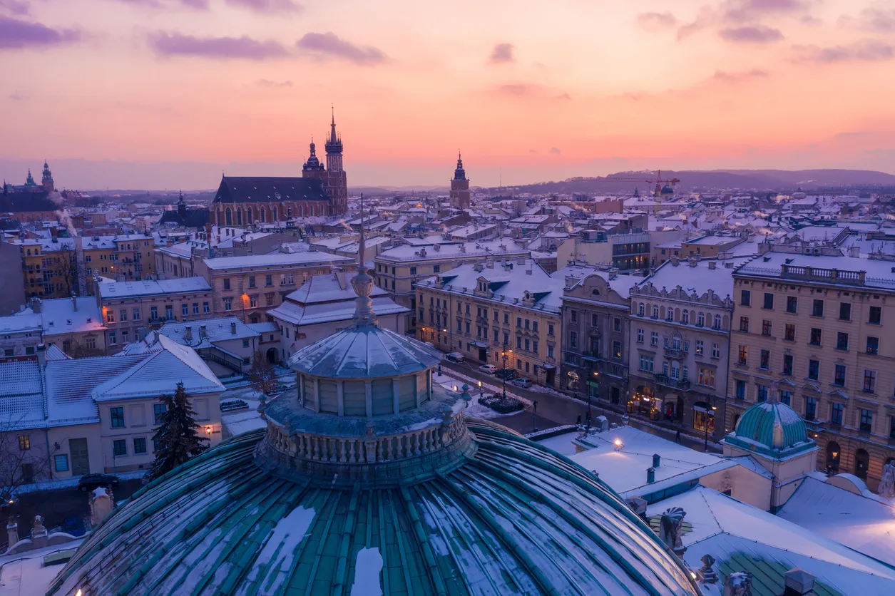 Snowy winter in Krakow Poland aerial view. City center old town, Roof of Juliusz Slowacki Theatre, and Rynek Glowny with St. Mary