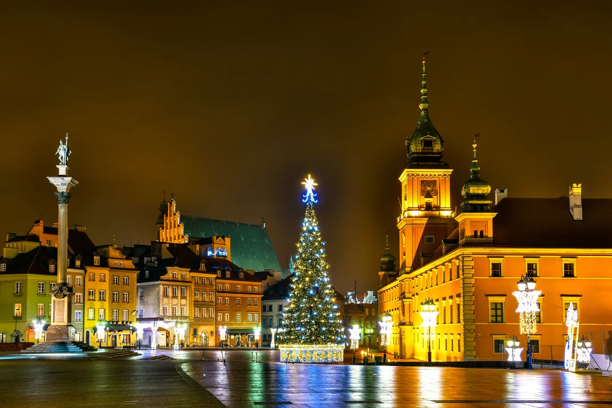 Warsaw, Poland - December 25, 2019: Panorama of Castle Square with Christmas tree, Sigismund