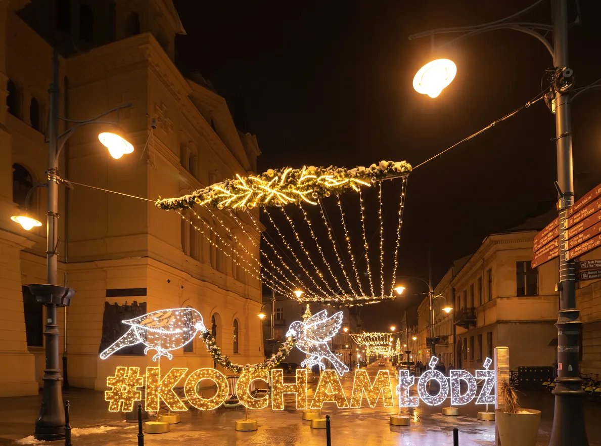 Łódź, Poland - December 2021: Christmas decorated empty Piotrkowska streetŁódź, Poland - December 2021: Christmas decorated empty Piotrkowska street