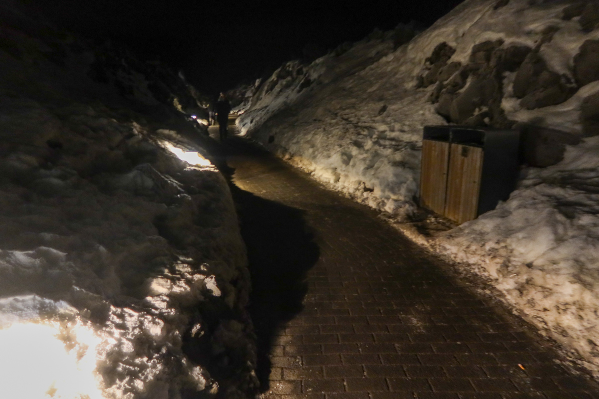 Walking to the car park at the Blue Lagoon, covered in snow.