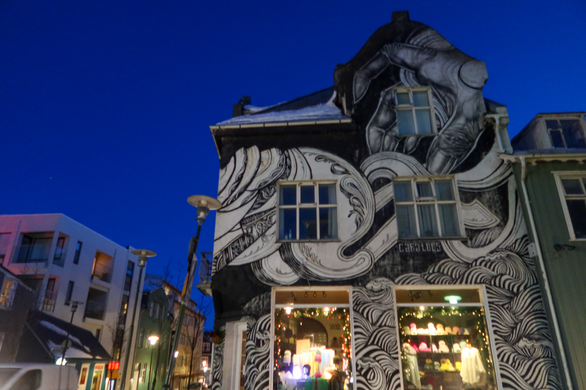 Street art in central Reykjavik in the darkness