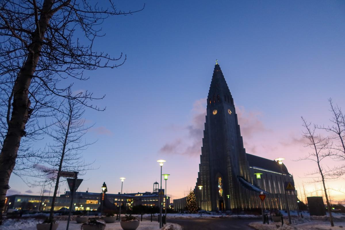 Hallgrimskirkja in Iceland as the sun rises