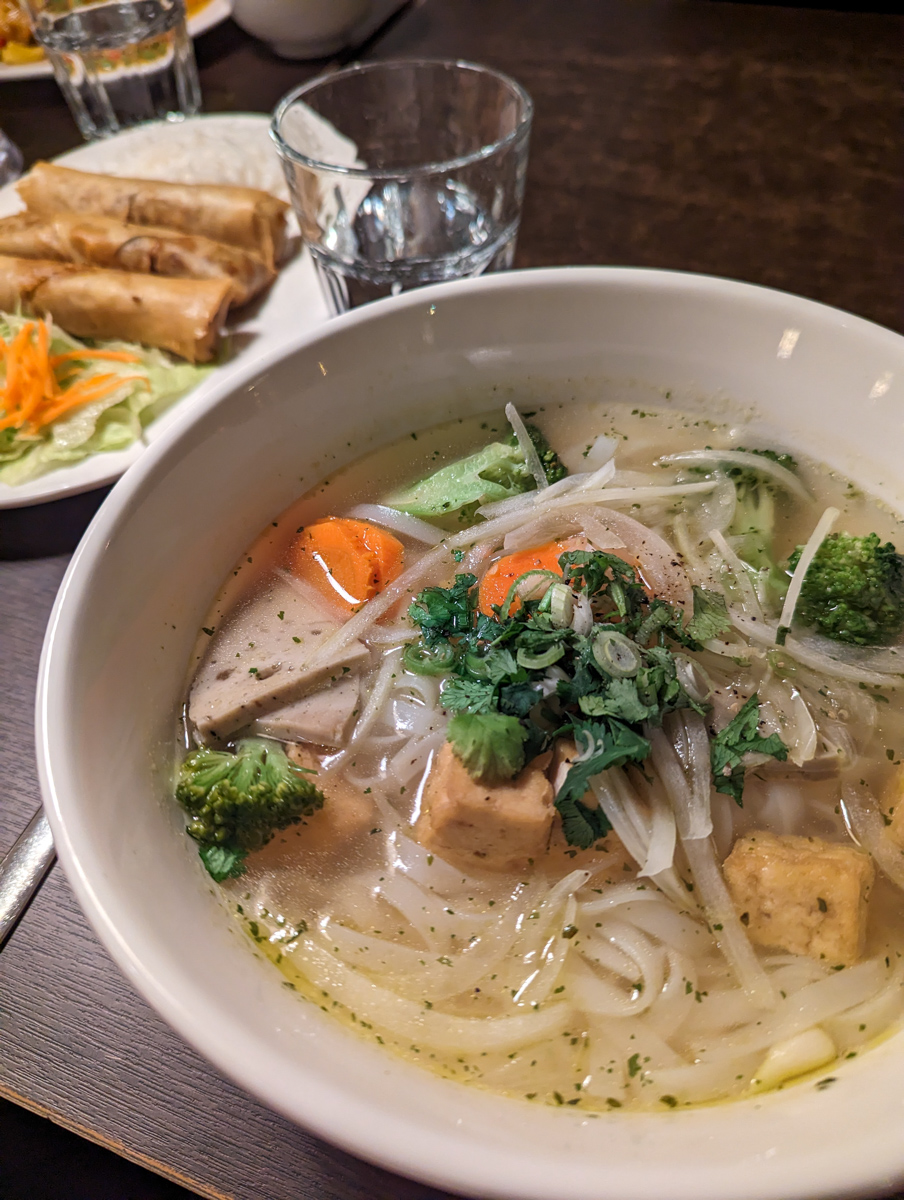 Vietnamese noodle sopu and spring rolls on a cafe in Reykjavik, Iceland