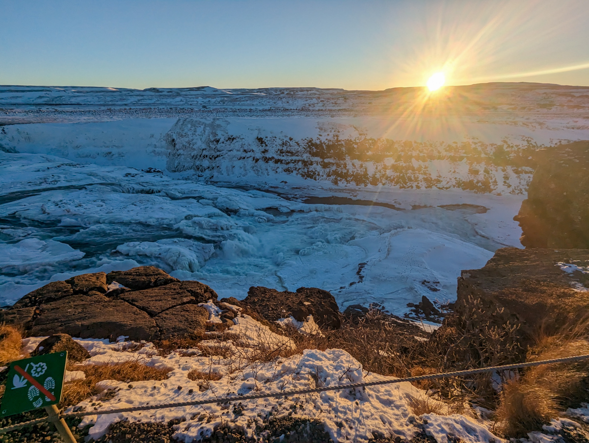 Sun rising over Gullfoss Falls. 