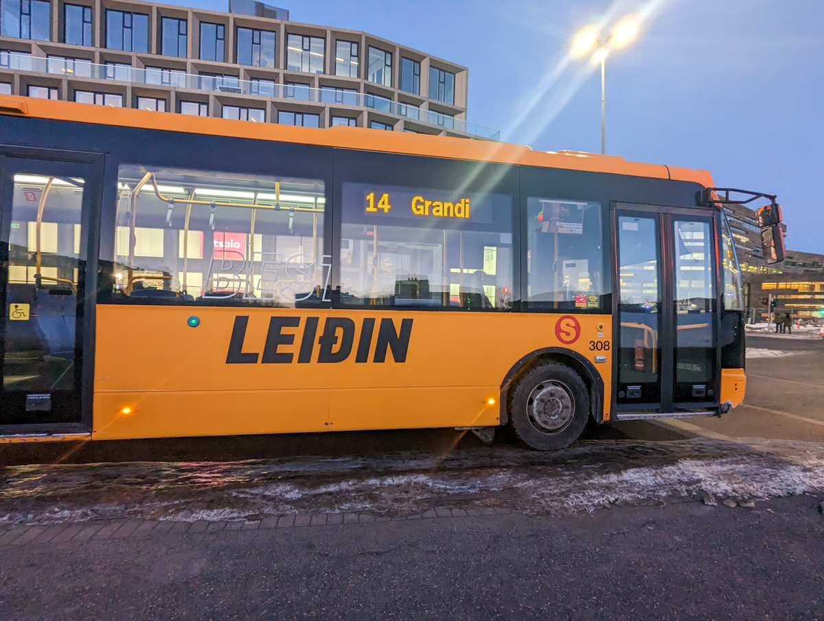 Yellow bus in Reykjavik centre, which is an easy way to get around Iceland