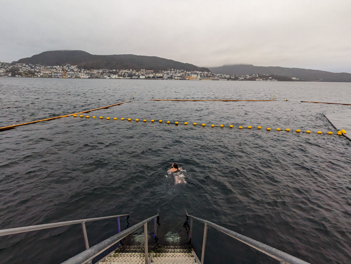 Swimming in the cold fjord in the baths in Bergen. There