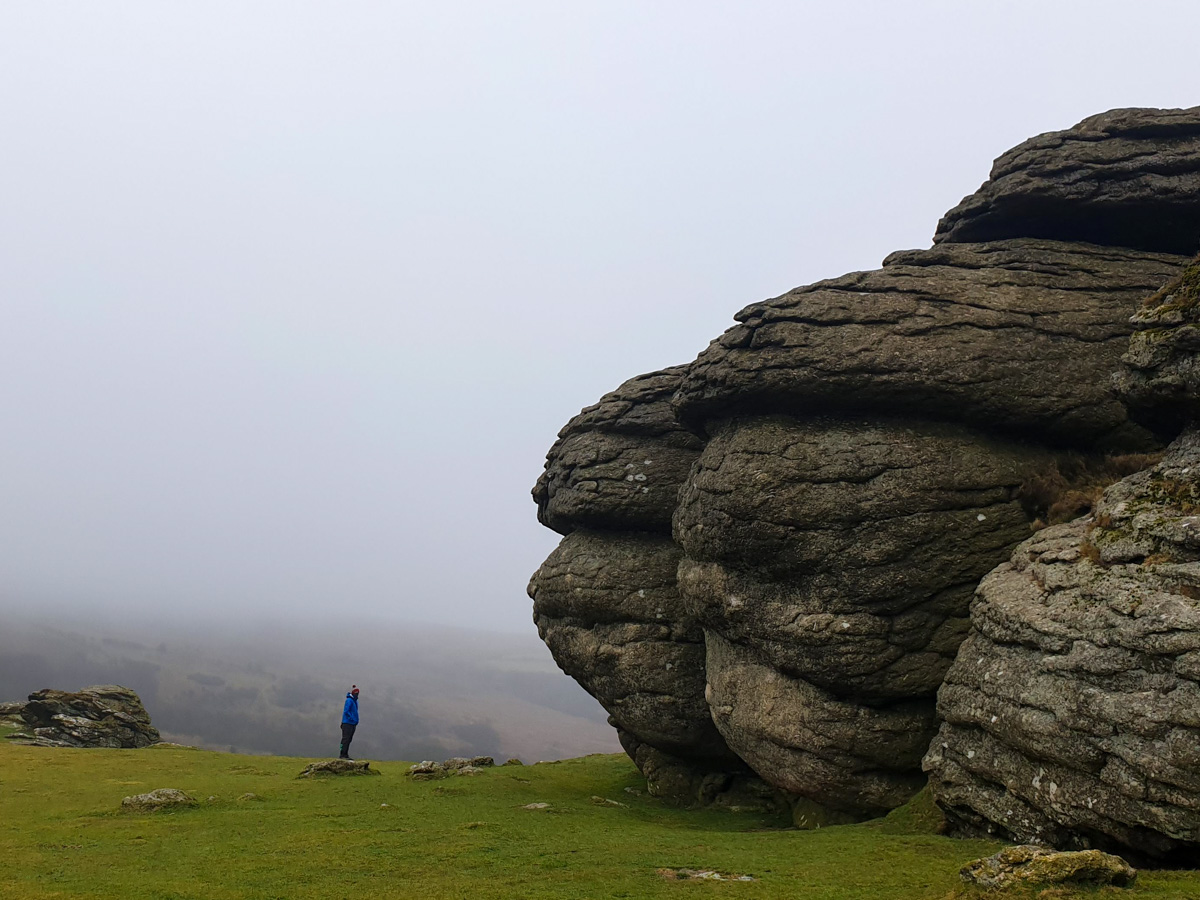 Dartmoor National Park in England in cloudy weather. 