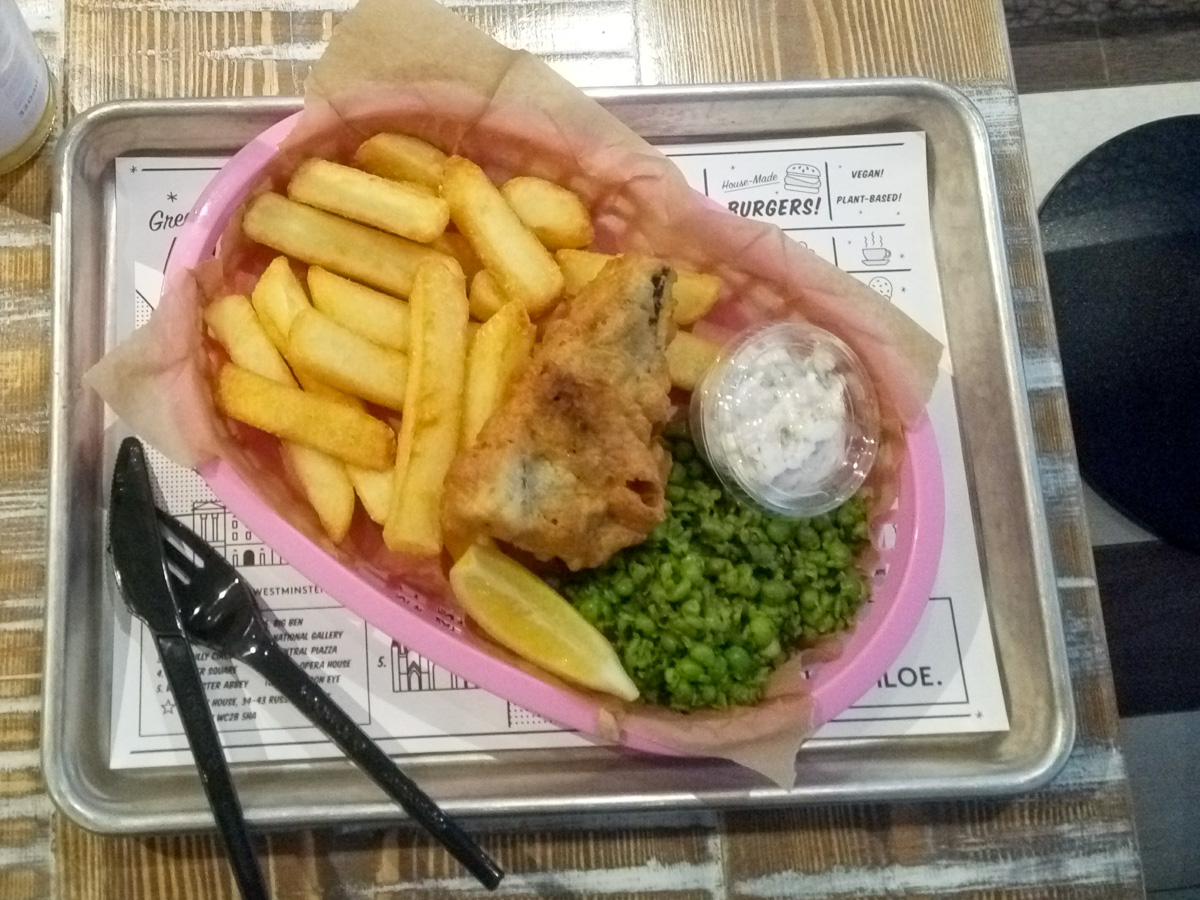 Enjoying a budget fish and chips in London in March
